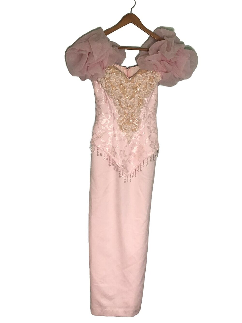 Vintage Lillie Rubin pink sequin Sweetheart Off Shoulder Maxi Dress Gown Size 4